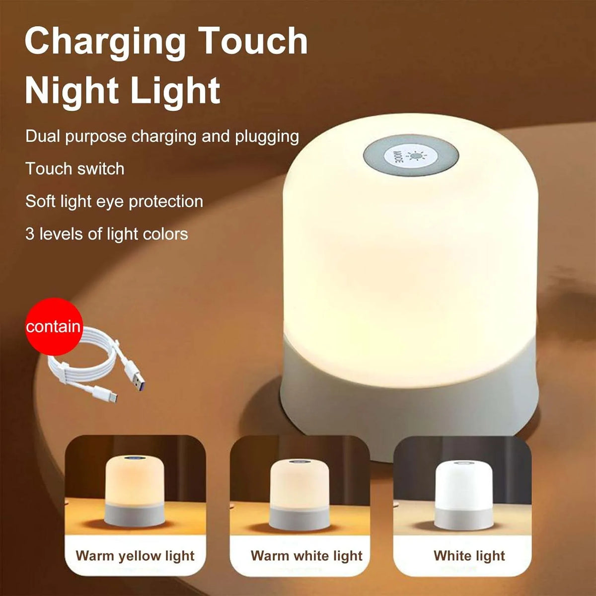 Luce Notturna Bambini Touch Ricaricabile USB-C – 3 Tonalità e Luminosità Regolabile