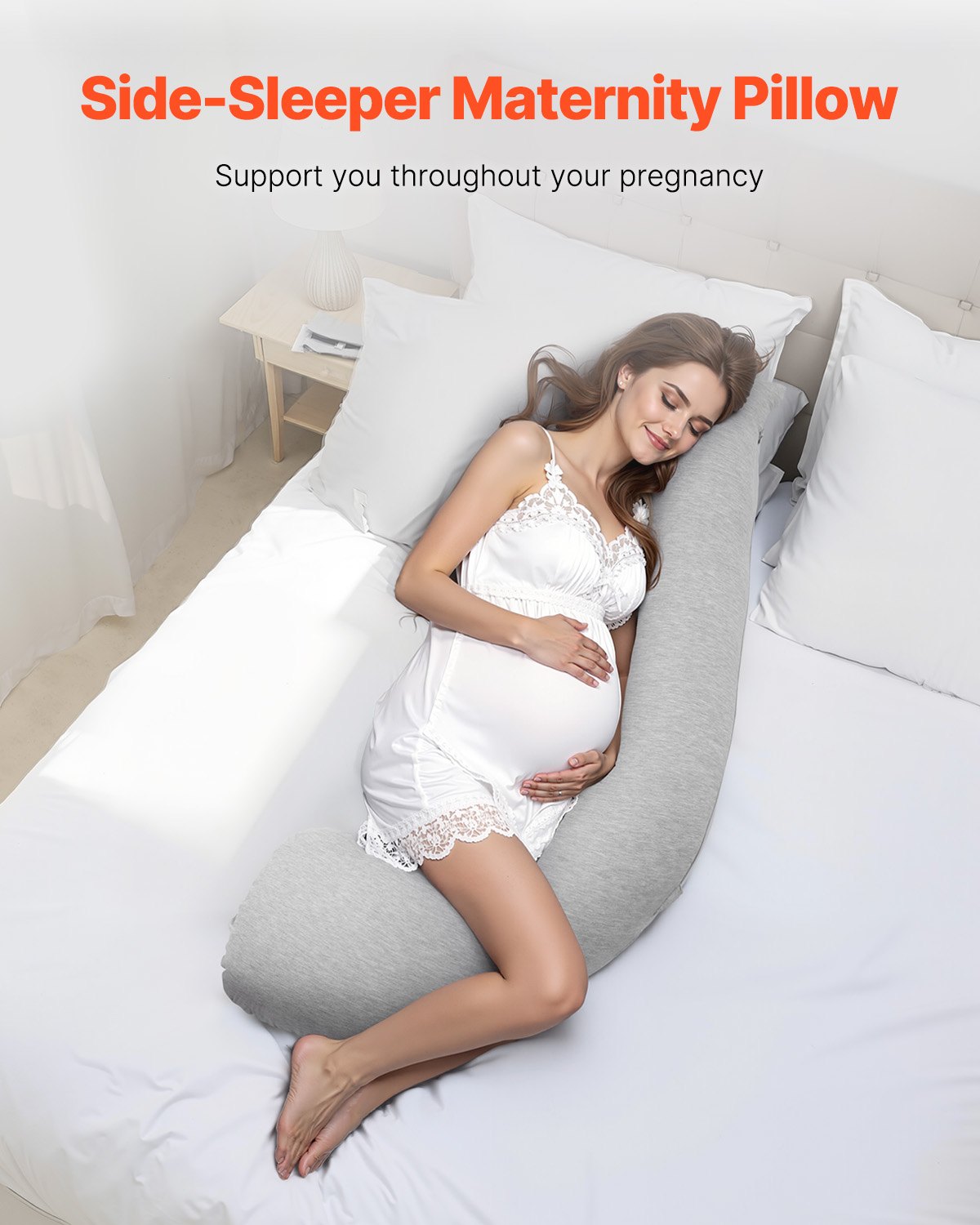 Cuscino Gravidanza a L per Dormire sul Fianco – Supporto Totale per Pancia, Schiena e Gambe | Fodera Lavabile, Traspirante – Grigio Chiaro