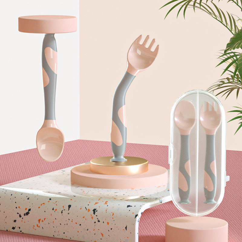 Set Posate Svezzamento Neonato con Ventosa e Custodia – Cucchiaio e Forchetta Flessibili Ergonomici Antiscivolo