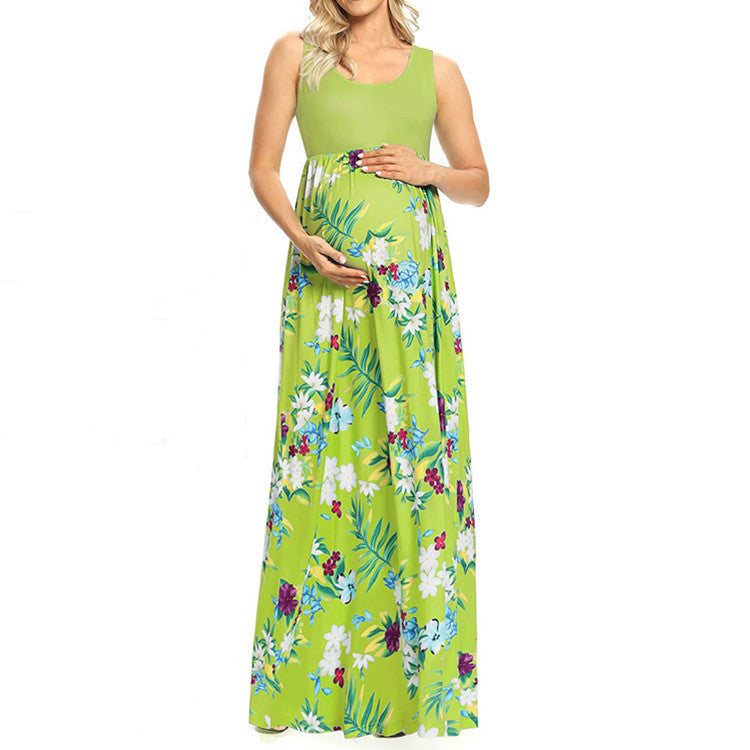 Vestito Premaman Estivo Lungo Floreale – Abito Gravidanza Fresco Senza Maniche con Vita Alta