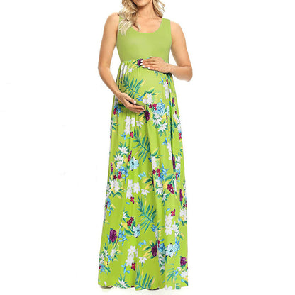 Vestito Premaman Estivo Lungo Floreale – Abito Gravidanza Fresco Senza Maniche con Vita Alta