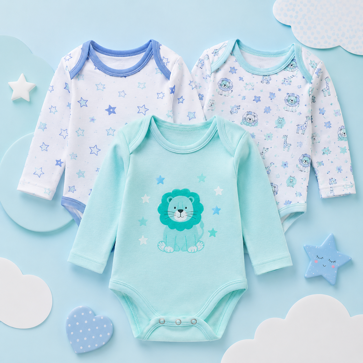 Set 3 Body Neonato in Cotone – Manica Lunga con Fantasie Colorate
