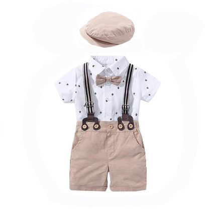 Tutina Neonato Elegante con Bretelle e Papillon – Completo Estivo in Cotone con Cappello