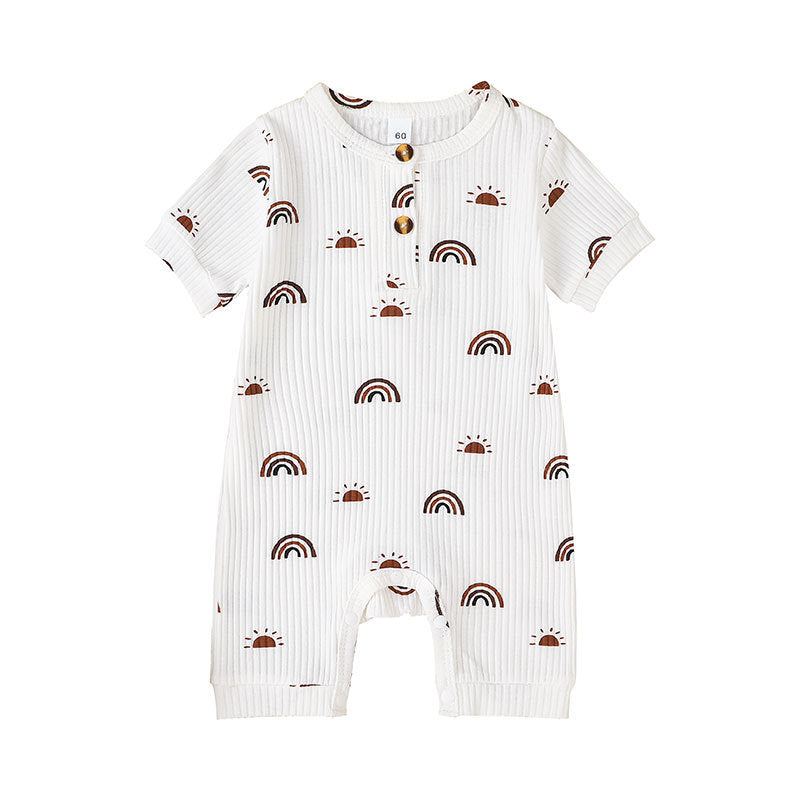 Tutina Neonato Estiva in Cotone a Costine – Manica Corta con Bottoni Frontali e Fantasia Arcobaleni Unisex