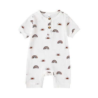 Tutina Neonato Estiva in Cotone a Costine – Manica Corta con Bottoni Frontali e Fantasia Arcobaleni Unisex