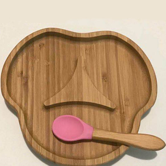 Piatto Bambino in Bambù con Ventosa Antiscivolo e Cucchiaio in Silicone – Set Svezzamento 12+ mesi