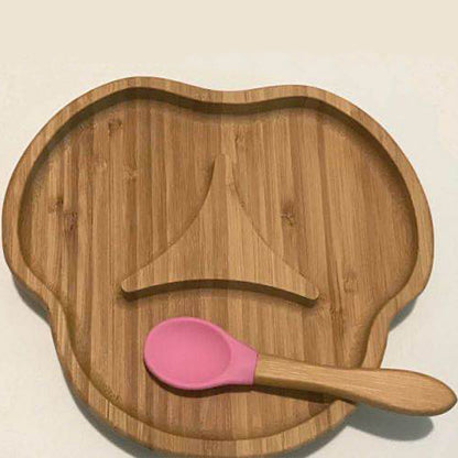 Piatto Bambino in Bambù con Ventosa Antiscivolo e Cucchiaio in Silicone – Set Svezzamento 12+ mesi
