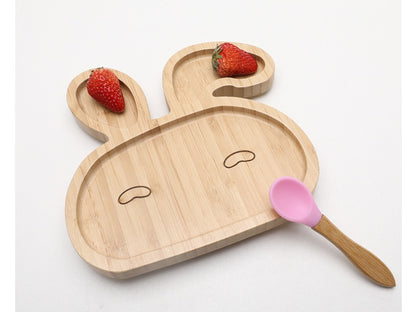 Piatto Bambino in Bambù con Ventosa Antiscivolo e Cucchiaio in Silicone – Set Svezzamento 12+ mesi