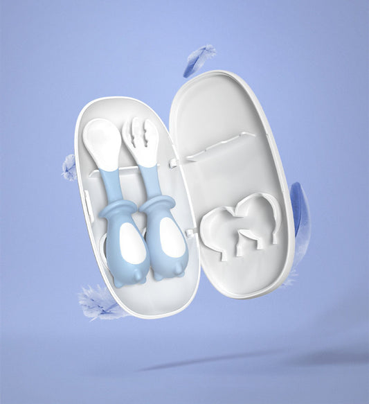 Set Cucchiaio e Forchetta per Bambini – Posate Ergonomiche per Imparare a Mangiare, Design Curvo Antiscivolo