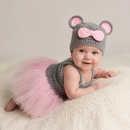 Completo Neonata 2 Pezzi con Vestitino in Tulle e Cappellino in Maglia