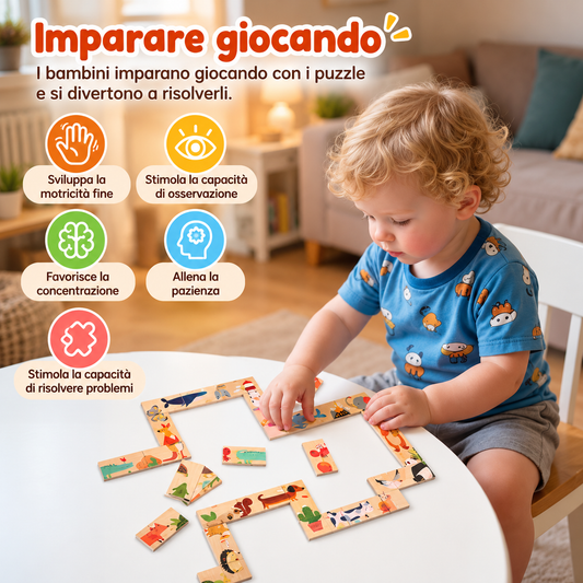 Domino Puzzle Animali in Legno per Bambini – Gioco Educativo Interattivo per Sviluppo Logico e Coordinazione