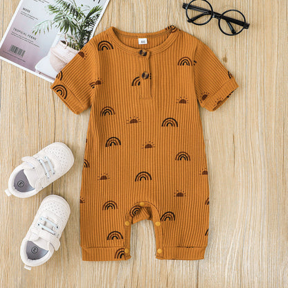 Tutina Neonato Estiva in Cotone a Costine – Manica Corta con Bottoni Frontali e Fantasia Arcobaleni Unisex