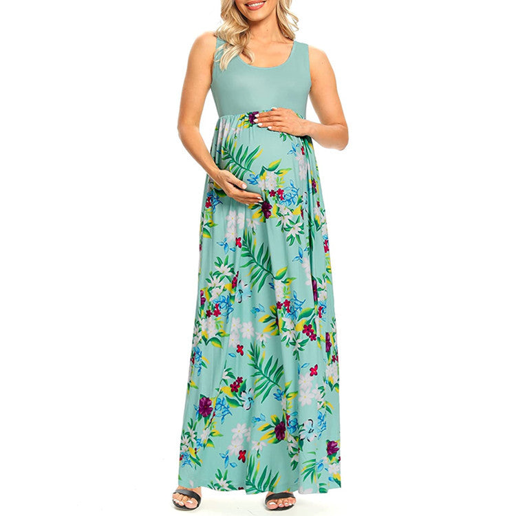 Vestito Premaman Estivo Lungo Floreale – Abito Gravidanza Fresco Senza Maniche con Vita Alta