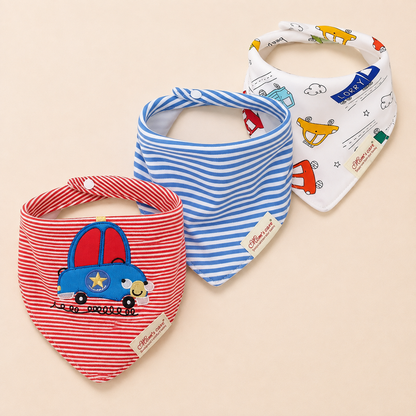 Set 3 Bavaglini Bandana Neonato in Cotone Morbido con Fantasie – Bavette Assorbenti Unisex per Maschietto e Femminuccia 0-12 Mesi