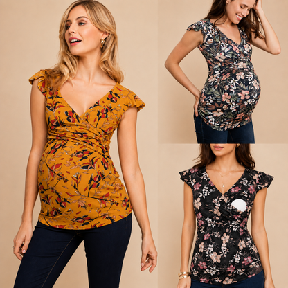 Vestito Premaman e Allattamento - Maglia con Incrocio Frontale e Fantasia Floreale