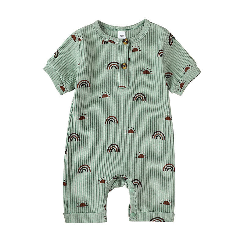 Tutina Neonato Estiva in Cotone a Costine – Manica Corta con Bottoni Frontali e Fantasia Arcobaleni Unisex