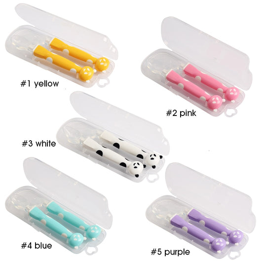 Set Posate Svezzamento Neonato in Silicone con Custodia – Cucchiaio Curvo + Forchetta Ergonomici Antiscivolo