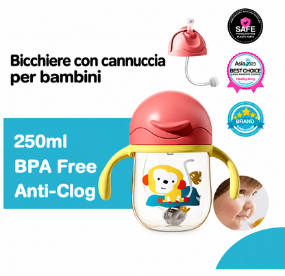 Bicchiere con Cannuccia per Bambini 250 ml – Tazza Antigoccia con Doppio Manico e Bevitura a 360°