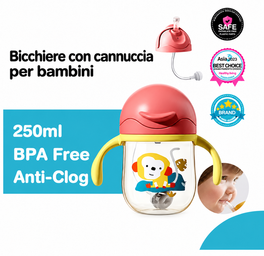 Bicchiere con Cannuccia per Bambini 250 ml – Tazza Antigoccia con Doppio Manico e Bevitura a 360°