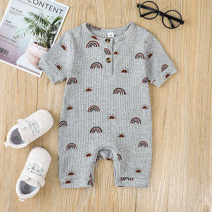 Tutina Neonato Estiva in Cotone a Costine – Manica Corta con Bottoni Frontali e Fantasia Arcobaleni Unisex