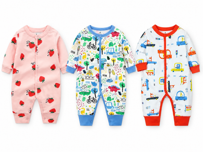 Tutina Intera Neonato in Cotone 100% – Maniche Lunghe, Bottoncini e Fantasie Colorate