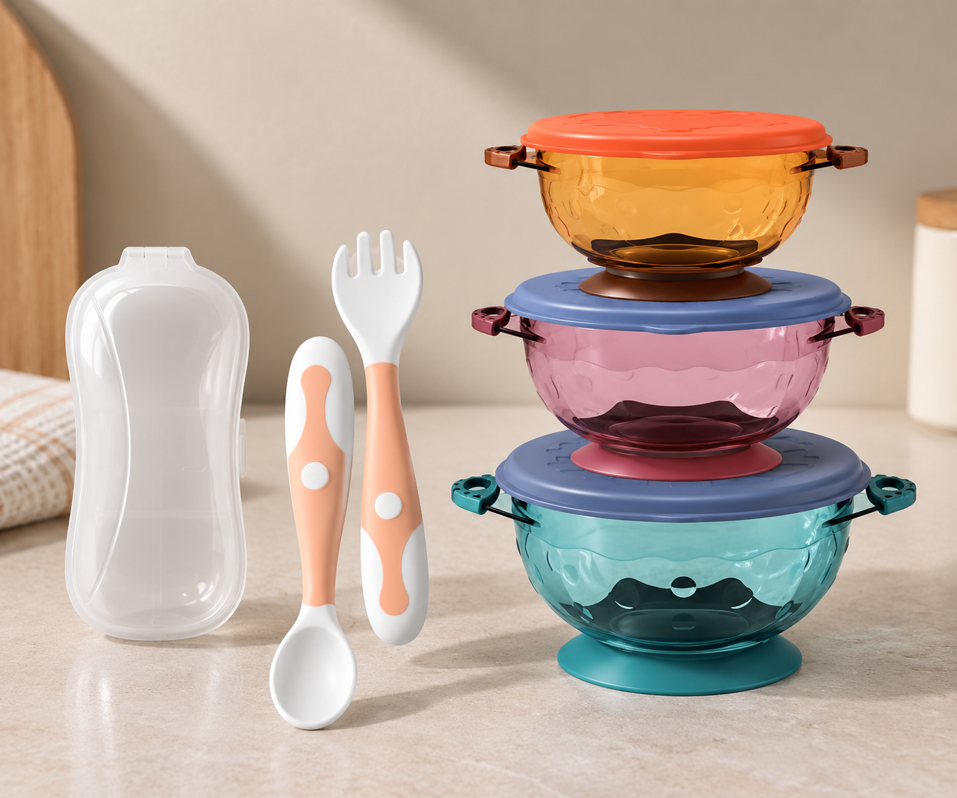 Set 3 Ciotole Pappa con Coperchi Impilabili – Coppette Antiscivolo con Posate