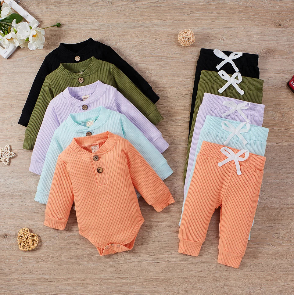 Set Neonato 2 Pezzi in Cotone a Costine con Maglia a Maniche Lunghe e Pantaloni Elastici Primavera/Autunno