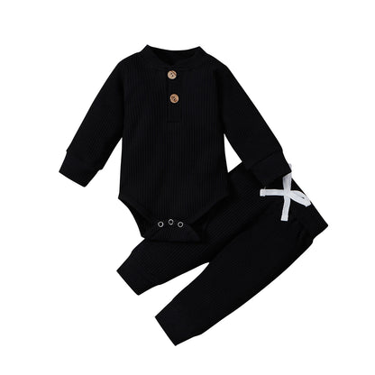 Set Neonato 2 Pezzi in Cotone a Costine con Maglia a Maniche Lunghe e Pantaloni Elastici Primavera/Autunno