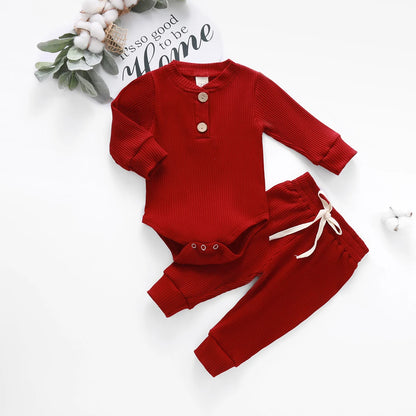 Set Neonato 2 Pezzi in Cotone a Costine con Maglia a Maniche Lunghe e Pantaloni Elastici Primavera/Autunno