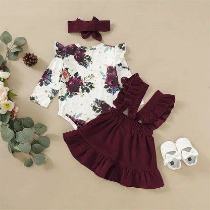 Completo Neonata 3 Pezzi – Set con Body Floreale, Gonna con Bretelle e Fascia con Fiocco