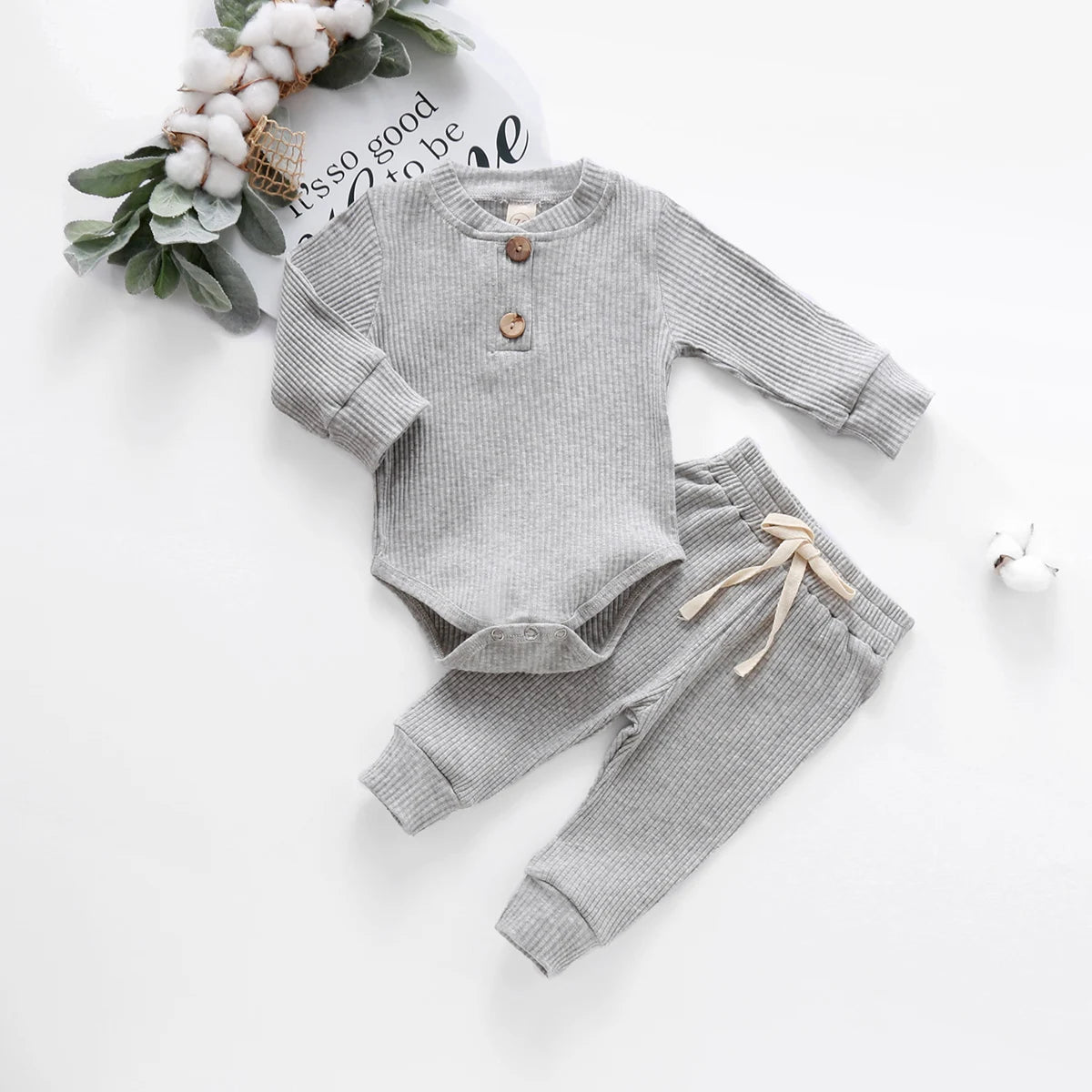Set Neonato 2 Pezzi in Cotone a Costine con Maglia a Maniche Lunghe e Pantaloni Elastici Primavera/Autunno
