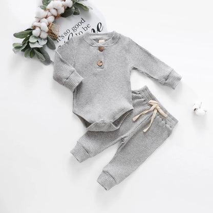 Set Neonato 2 Pezzi in Cotone a Costine con Maglia a Maniche Lunghe e Pantaloni Elastici Primavera/Autunno