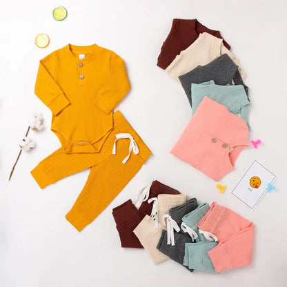 Set Neonato 2 Pezzi in Cotone a Costine con Maglia a Maniche Lunghe e Pantaloni Elastici Primavera/Autunno