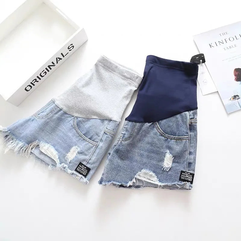 Shorts Premaman in Jeans con Fascia Elasticizzata – Pantaloncini Estivi in Cotone Taglie M-2XL
