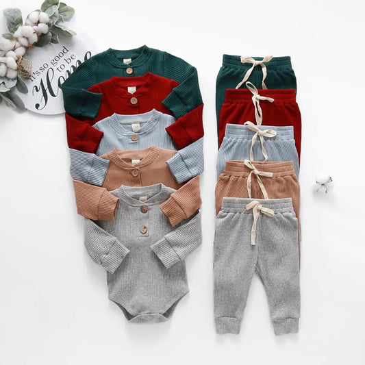Set Neonato 2 Pezzi in Cotone a Costine con Maglia a Maniche Lunghe e Pantaloni Elastici Primavera/Autunno