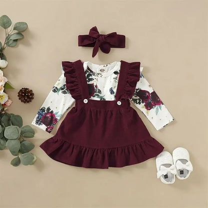 Completo Neonata 3 Pezzi – Set con Body Floreale, Gonna con Bretelle e Fascia con Fiocco