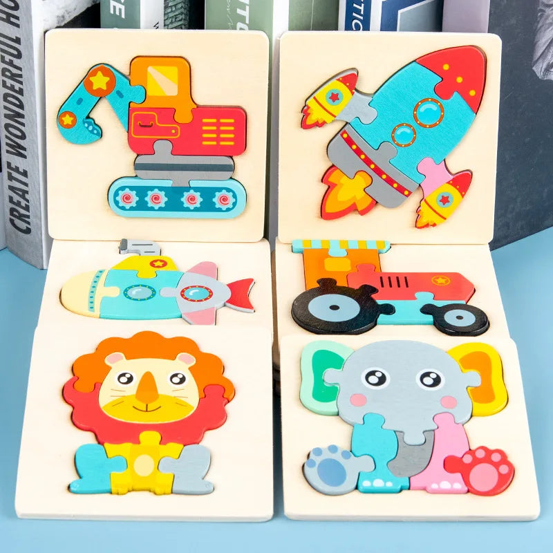 Puzzle in Legno 3D a Incastro – Animali e Veicoli, Gioco Educativo Ispirato al Metodo Montessori per Bambini 3+ Anni