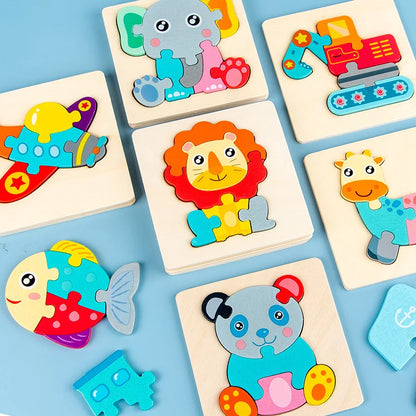 Puzzle in Legno 3D a Incastro – Animali e Veicoli, Gioco Educativo Ispirato al Metodo Montessori per Bambini 3+ Anni