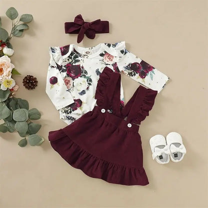 Completo Neonata 3 Pezzi – Set con Body Floreale, Gonna con Bretelle e Fascia con Fiocco