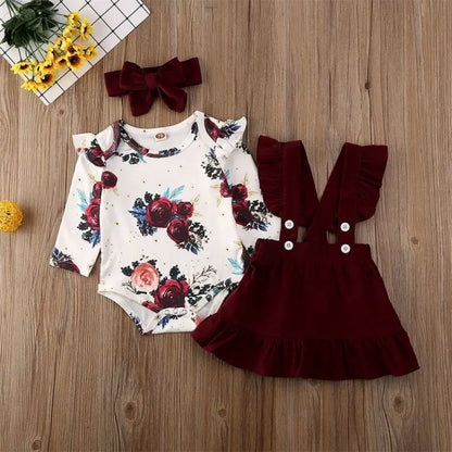 Completo Neonata 3 Pezzi – Set con Body Floreale, Gonna con Bretelle e Fascia con Fiocco