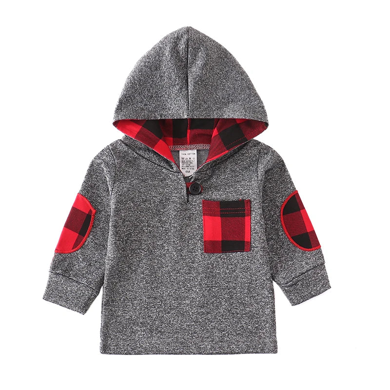 Felpa Leggera con Cappuccio Bambino 100% Cotone – Maglia a Maniche Lunghe con Dettagli a Quadri