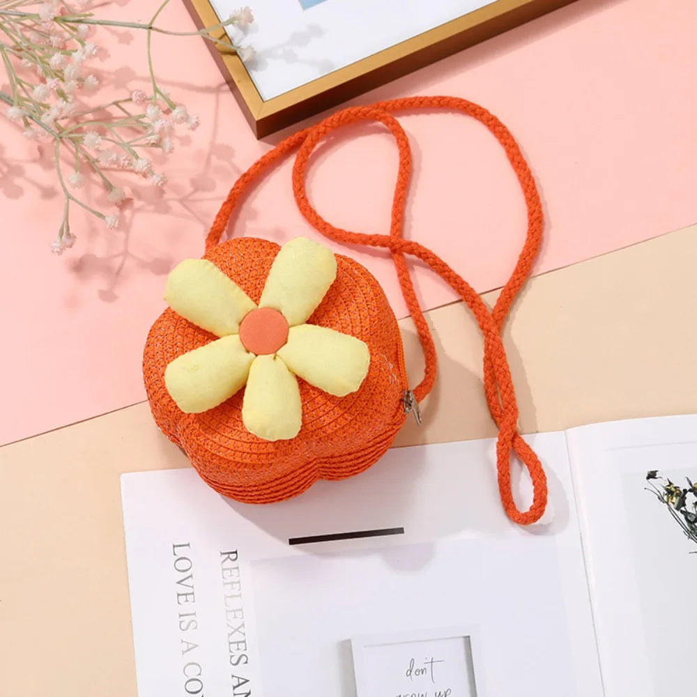 Borsetta Bambina a Tracolla in Paglia Intrecciata con Fiore – Mini Borsa con Chiusura Zip