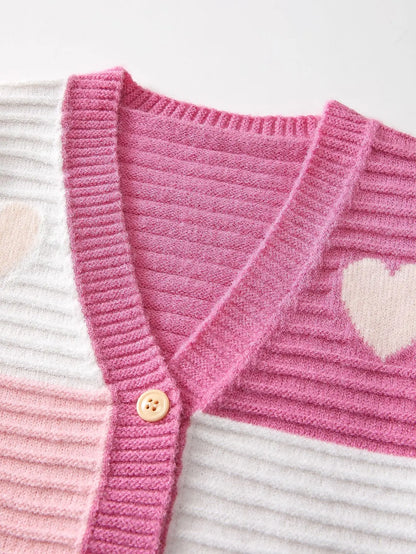 Cardigan Bambina in Maglia di Cotone con Cuori – Scollo a V e Bottoni