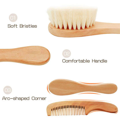 Set Spazzola e Pettine per Neonati in Legno Naturale con Setole Morbide – Kit Cura Capelli 4 Pezzi