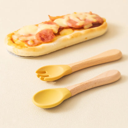 Set Posate da Apprendimento per Bambini – Cucchiaio e Forchetta in Silicone con Manico in Legno