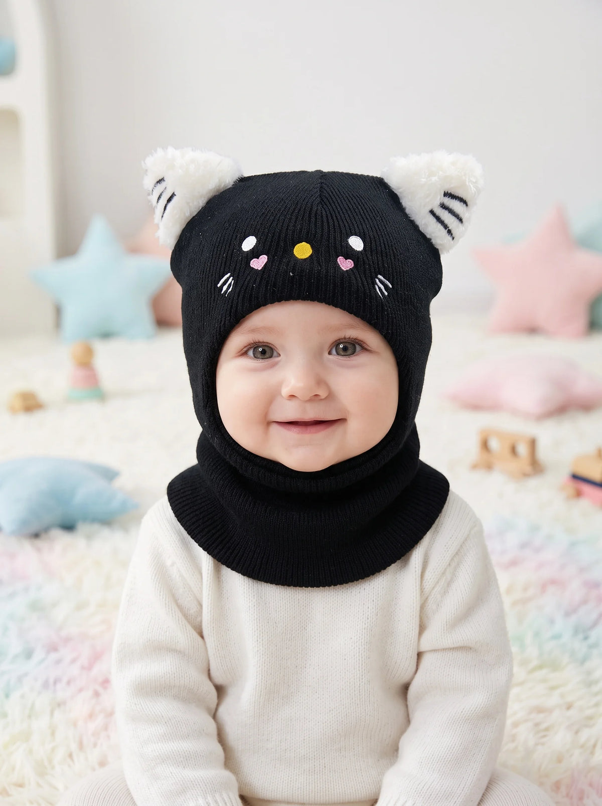 Passamontagna Invernale Bambino e Bambina in Maglia – Cappello con Scaldacollo Integrato e Orecchie da Gatto