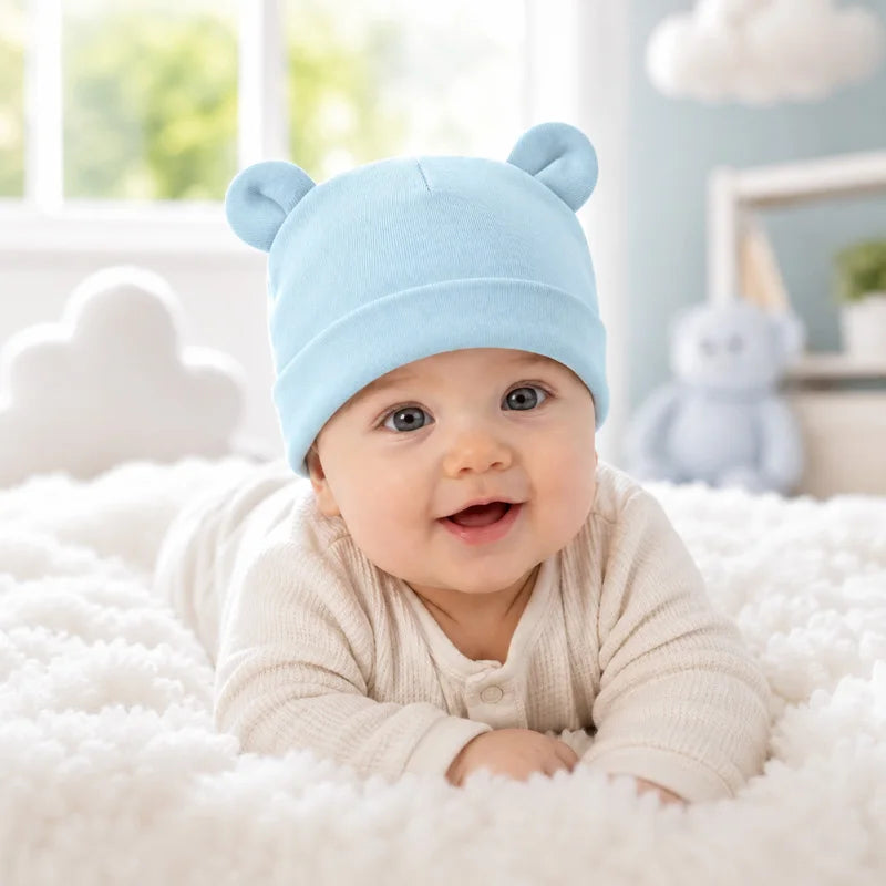 Cappellino Neonato in Cotone con Orecchiette – Berretto Morbido Elasticizzato 0-12 Mesi