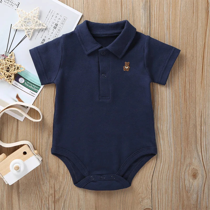 Body Polo Neonato in Cotone Elasticizzato con Colletto e Orsetto Ricamato