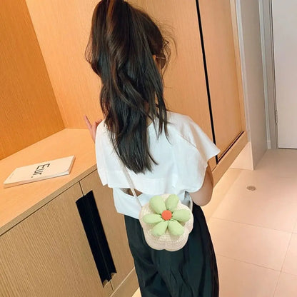 Borsetta Bambina a Tracolla in Paglia Intrecciata con Fiore – Mini Borsa con Chiusura Zip