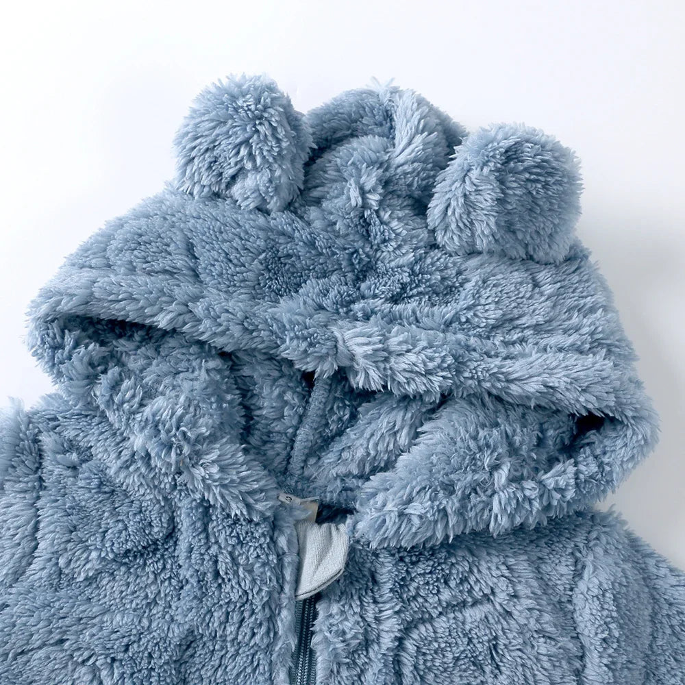 Tutina Invernale Neonato in Pile Effetto Peluche – Tuta con Cappuccio e Zip a Doppio Cursore